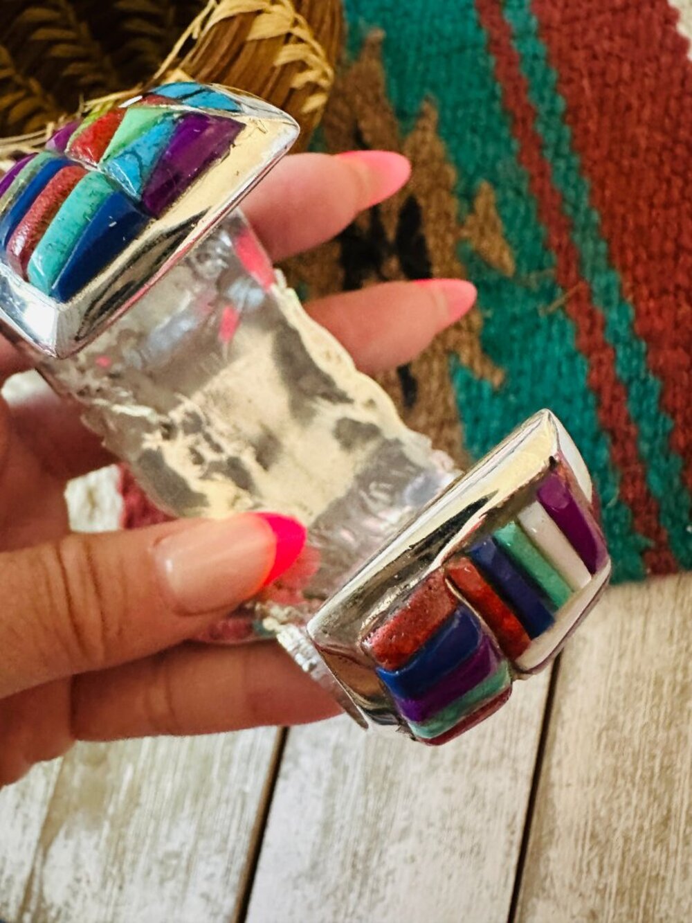 Handmade Sterling Silver Multi Stone Inlay Cuff - Picture 7 of 8